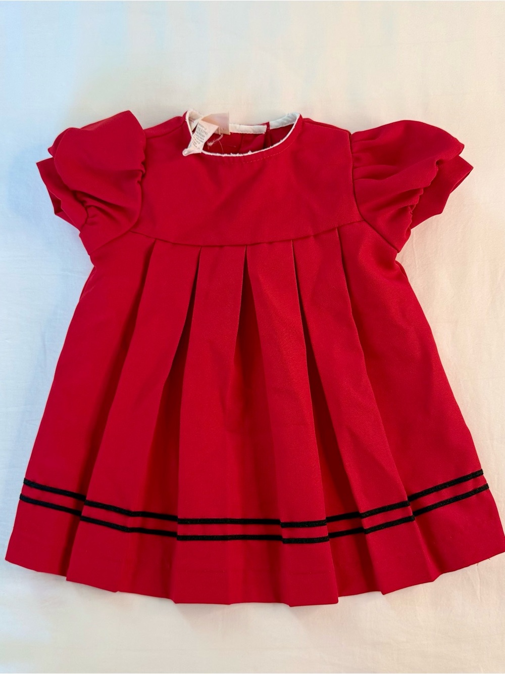 Vintage Girls Little Precious Red Pleated Dress with Puff Sleeves